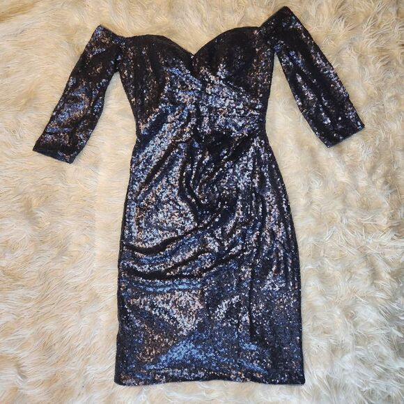 Rene by Rene Ruiz Blue Sequin Ruched Mini Dress - Picture 3 of 11